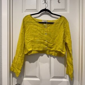 NWT Saga Italy Yellow Linen Button-Front Cropped Top
